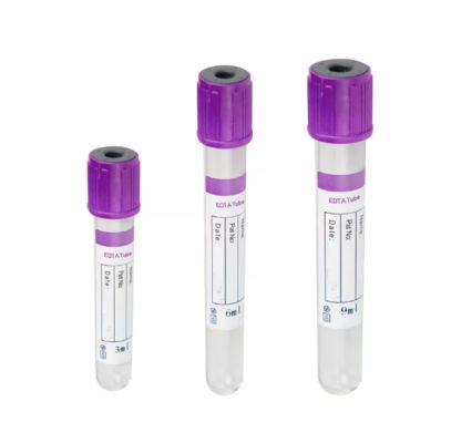 Tubo de recolha de vácuo descartável de vidro ou plástico EDTA K2/EDTA K3 roxo. Disponível para exames de sangue clínicos de rotina